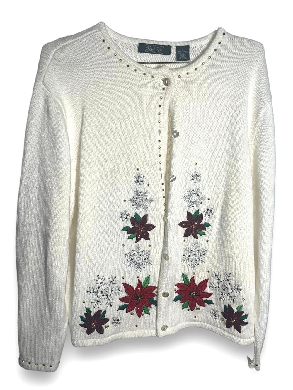 Vintage Crystal Kobe Poinsettia | Beaded | Holiday | White Cardigan | Sz Lg EUC